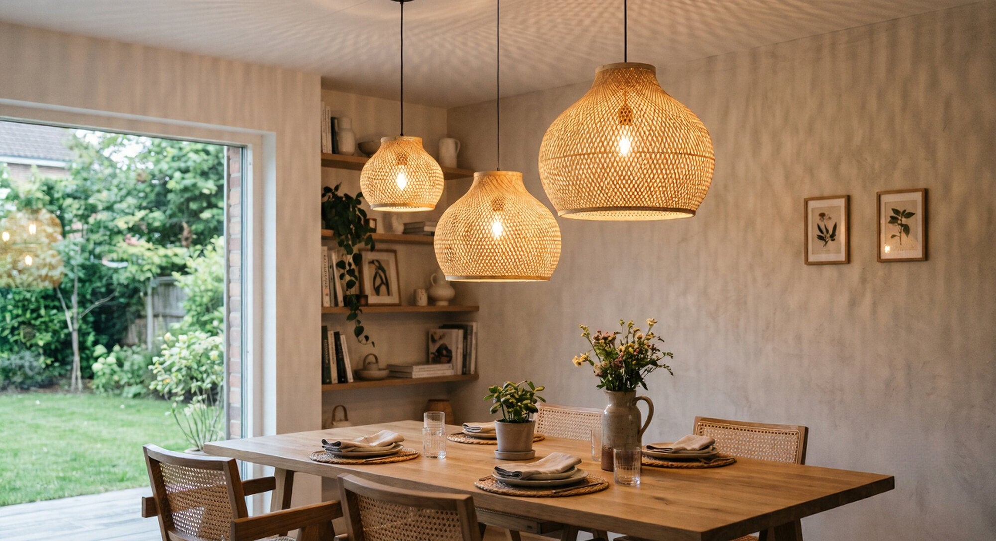 Three handwoven bamboo pendant lights hung at different heights above a dining table
