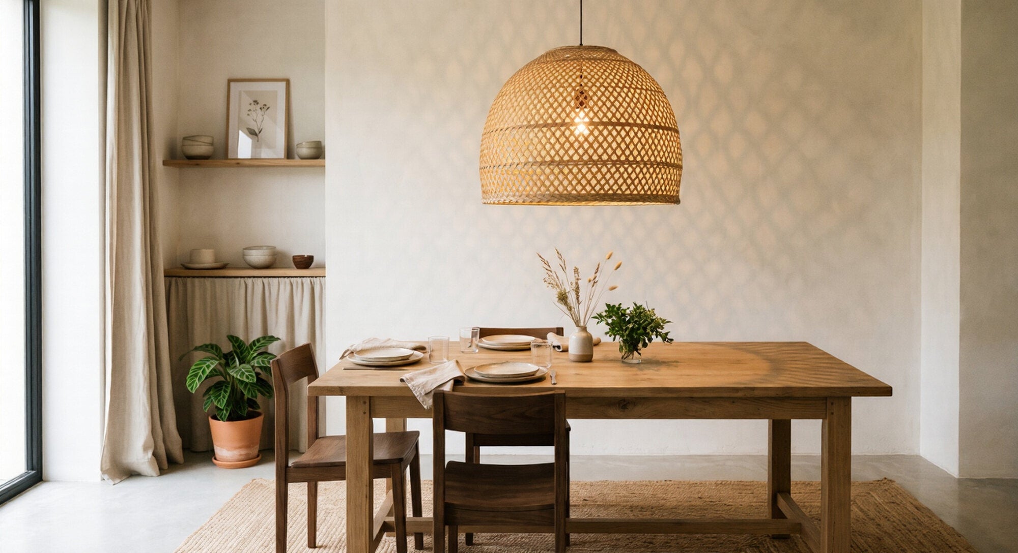 A woven bamboo pendant lighting a dining table in a calm, neutral room