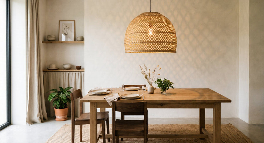 A woven bamboo pendant lighting a dining table in a calm, neutral room